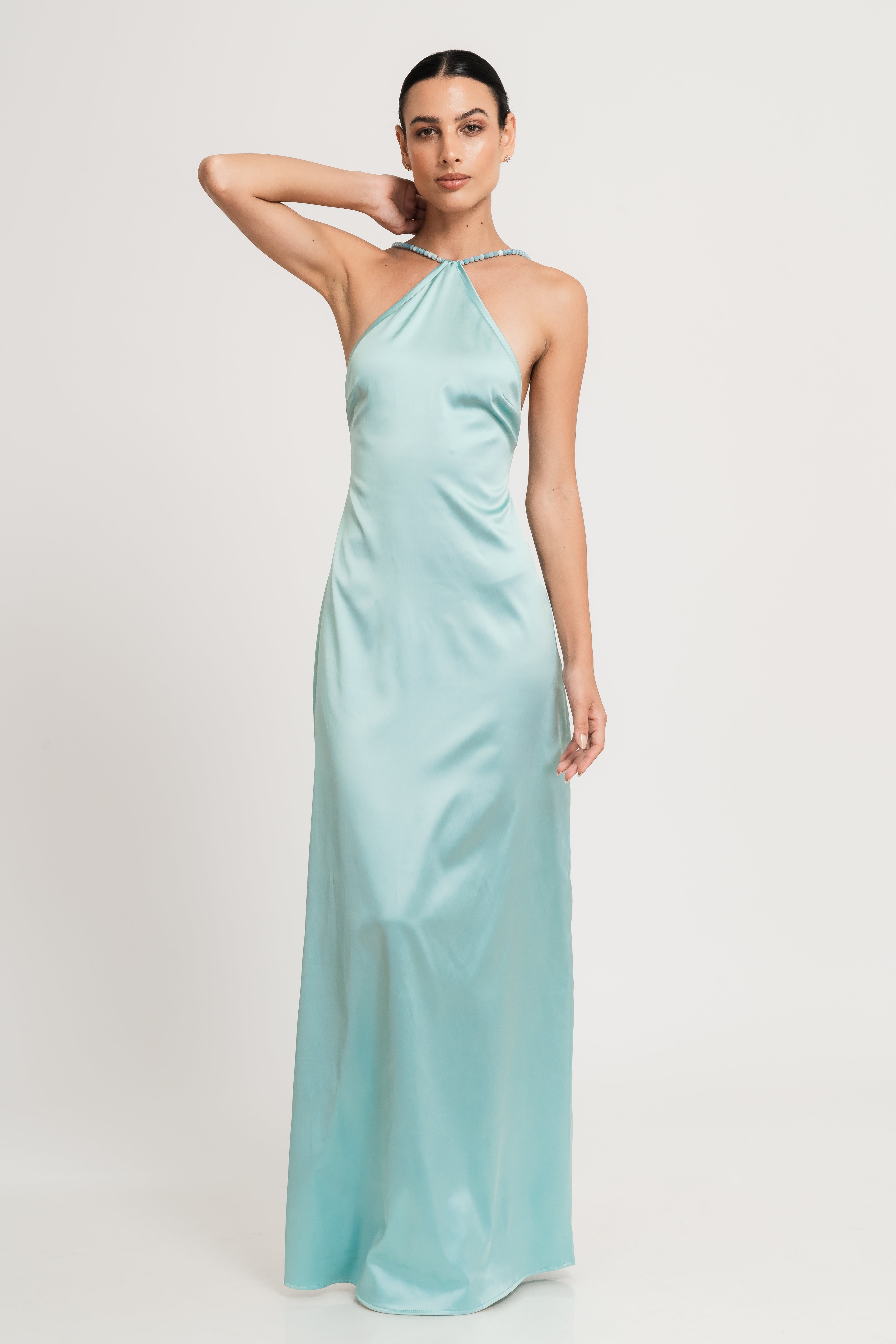 vestido celeste largo maxi con tiras de piedra